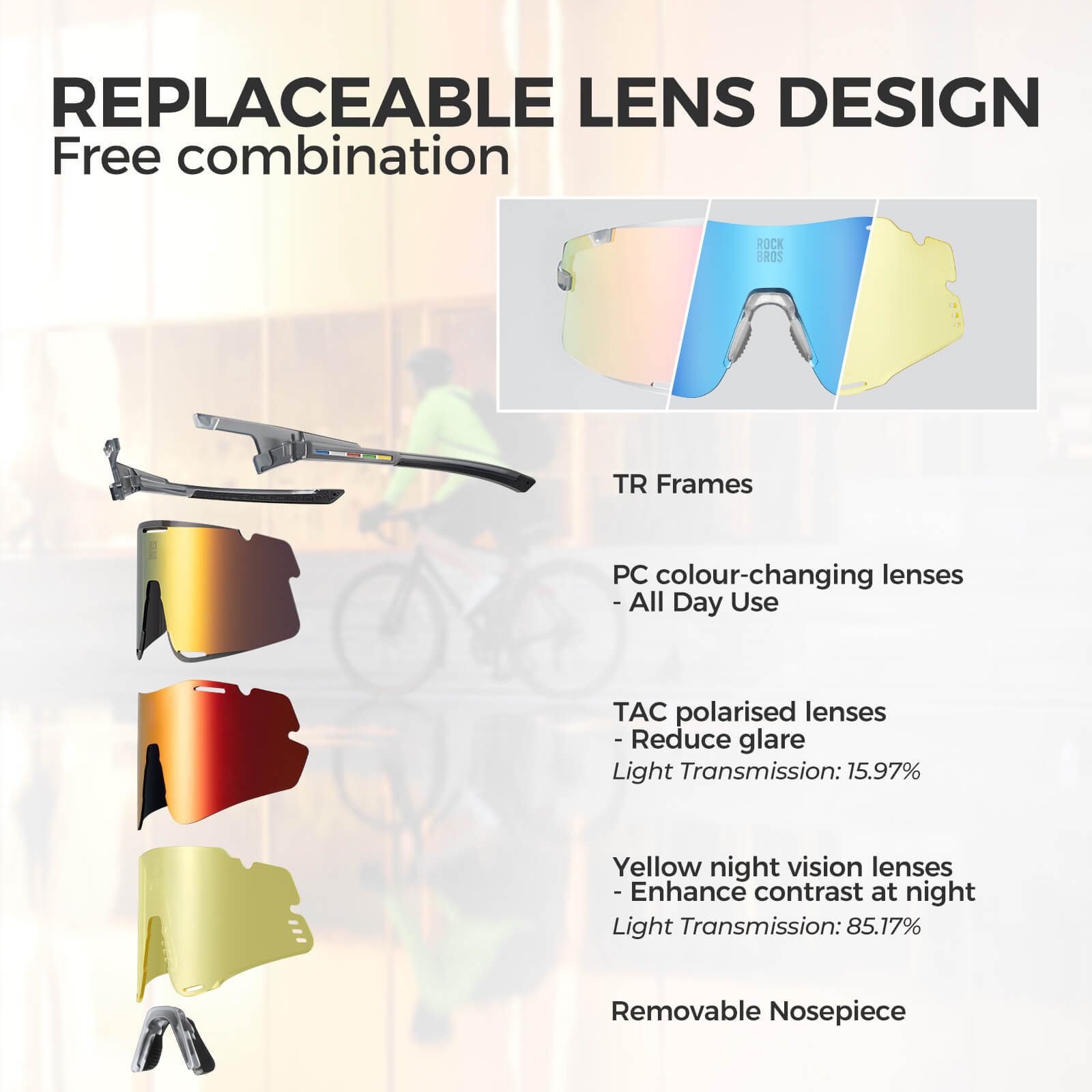 ROCKBROS Boundless 3 Lens Photochromic Cycling Glasses